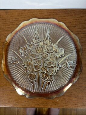 Vintage Floral Carnival Glass Decorative Plate - Amber